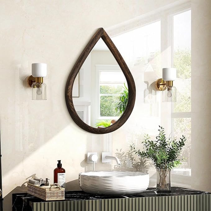 Irregular Wall Mirror with Wood Frame Rustic Wall Mirror Decorative Farmhouse Bedroom Bathroom Droplet Hanging Mirror Brown