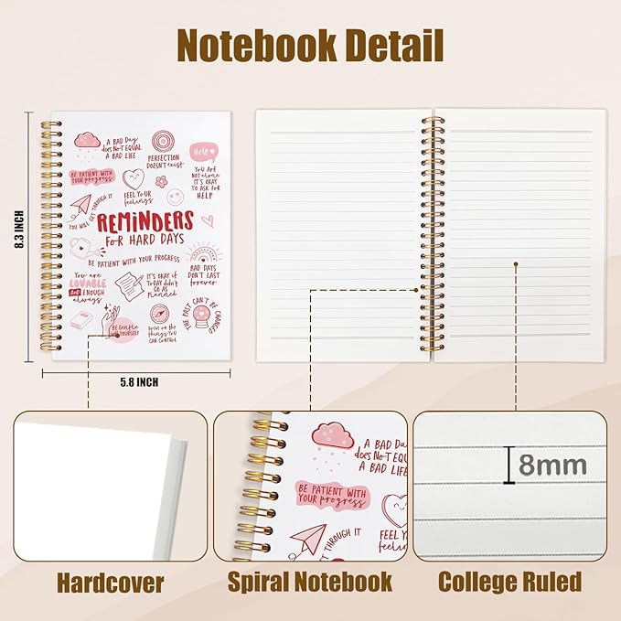 Daily Affirmations Inspirational Notebook, Motivational Quote Journal, Reminders for Hard Days Positive Affirmation Preppy Pink Spiral Notebook Journal for Note Taking, 5.5x8.3 Inch