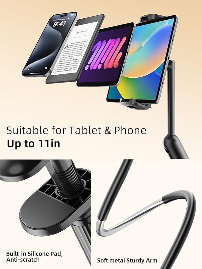 SAIJI 47" Gooseneck Kindle Holder, Tablet Holder for Bed with Upgraded Base, iPad Stand with Flexible Lazy Arm, Compatible with iPad/iPhone/Kindle/Switch or Other 4.7-11" Device (Black)
