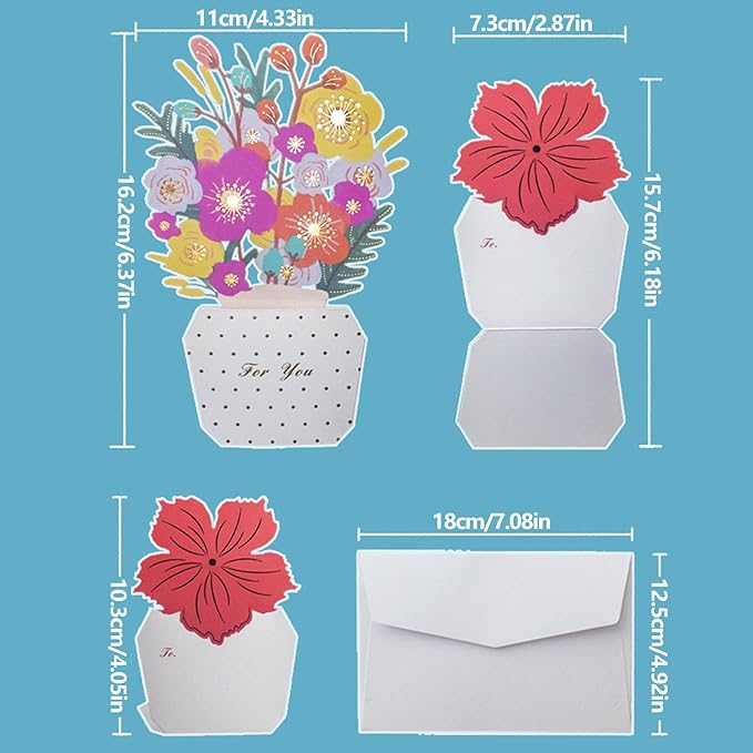 Paper Flowers Bouquet Cards - Handmade 3D Floral Greeting, Pop-Up Flower Note, Envelope Included Card, Artistic Blossom Stationery | Colorful Handmades Flowers Cardss For Mother Teacher Wife Sister