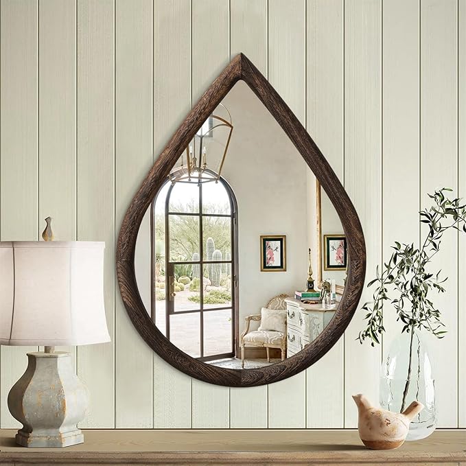Wood Frame Mirrors for Wall Rustic Retro Hanging Mirrors Drop Shaped Wall Decor Mirror Wall Mounted Irregular Bathroom Bedroom Mirror 16x20 Inches
