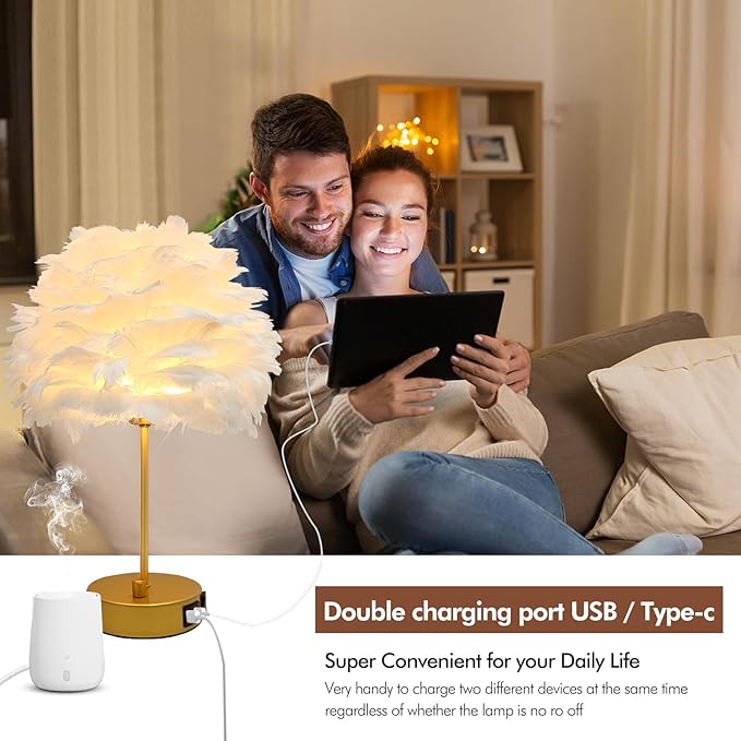 ZYLEIESENBAO Chic White Feather Lamp with USB Charging Port Modern Feather Table Lamp Cute Romantic Bedside Nightstand Light for Girl Room Childrens Room Living Room Entry Wedding Decoration