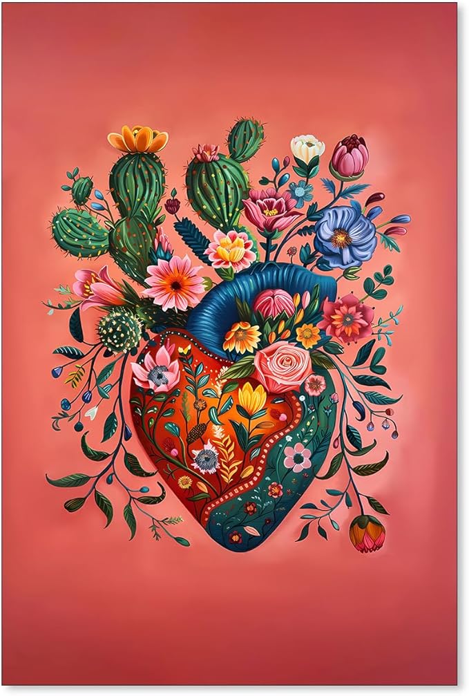 Mexico Blooming Heart Canvas Poster Colorful Vintage Botanical Wall Art Funky Trippy Pink Prints for Bed Living Room Apartment Wall Decor 16X24 inch Unframed