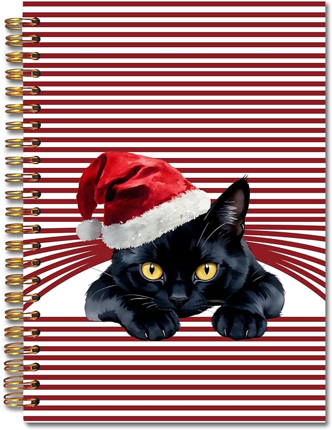 Exqcom Christmas Black Cat Spiral Notebook Gifts, Black Cat Gifts Journal for Women, Funny Santa Hat Cute Kitty Hardcover Notebook Journal Office School Supplies, 5.5x8.3 Inch