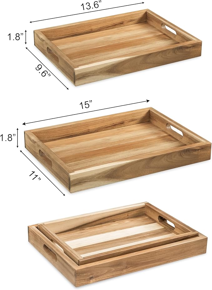 Natural Acacia Wooden Rectangular Serving Tray with Handles, Set of 2 (15"x11" & 13"x10"), Large Tray for Ottoman, Breakfast in Bed, Dinner, Coffee Table Decor & Kitchen