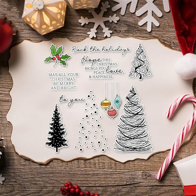 Christmas Tree Snow Stamps and Cutting Dies for Card Making DIY Transparent Silicone Clear Stamp and Metal Die Cuts Sets for Scrapbooking Paper Greeting Cards Decor Seals Craft Supplies