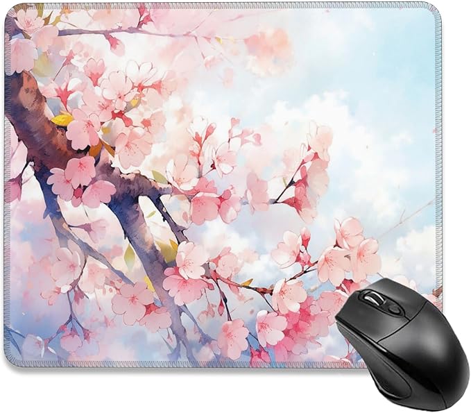 Mouse Pad, Watercolor Pink Cherry Blossoms Mouse Pads for Desk,Soft Computer Mouse Mat Square Waterproof Non-Slip Rubber Base Gaming MousePads for Women Men,Laptop,Office