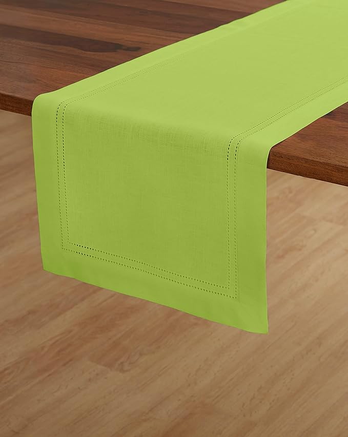Solino Home Linen Lime Green Table Runner 120 Inches Long - 100% Pure Linen 14 x 120 Inch Table Runner for Spring, St Patricks Day - Double Hemstitch
