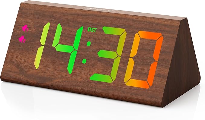 Wooden Digital Alarm Clock with Dual USB Charging Ports, DST, Dimmable, Snooze, RGB Colors, Modern Large Time Display LED Clock for Kids Bedrooms, Living Room, Desk, Table, Bedside, Nightstand (Brown)