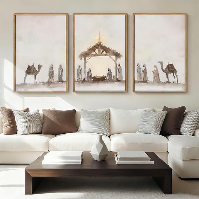 Anyzal Large Nativity Wall Art Christian Jesus Artwork Framed Christian Religious Painting for Living Room Bedroom Dining Room 24x36 Inch Set of 3
