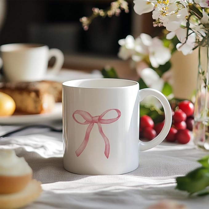 Pink Bow Coffee Mug, Cute Girly Ceramic Coffee Mugs Gifts for Women Girls, Preppy Coquette Ceramic Cup, 11oz White