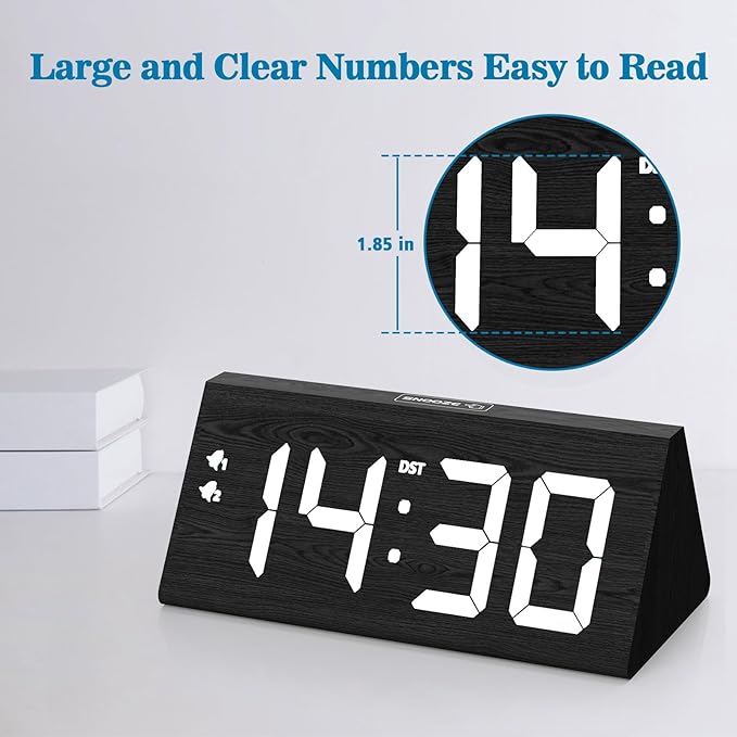 Wooden Digital Alarm Clock with Dual USB Charging Ports, DST, Dimmable, Snooze, Modern Large Time Display LED Clock for Kids Bedrooms, Living Room, Desk, Table, Bedside, Nightstand (Black)