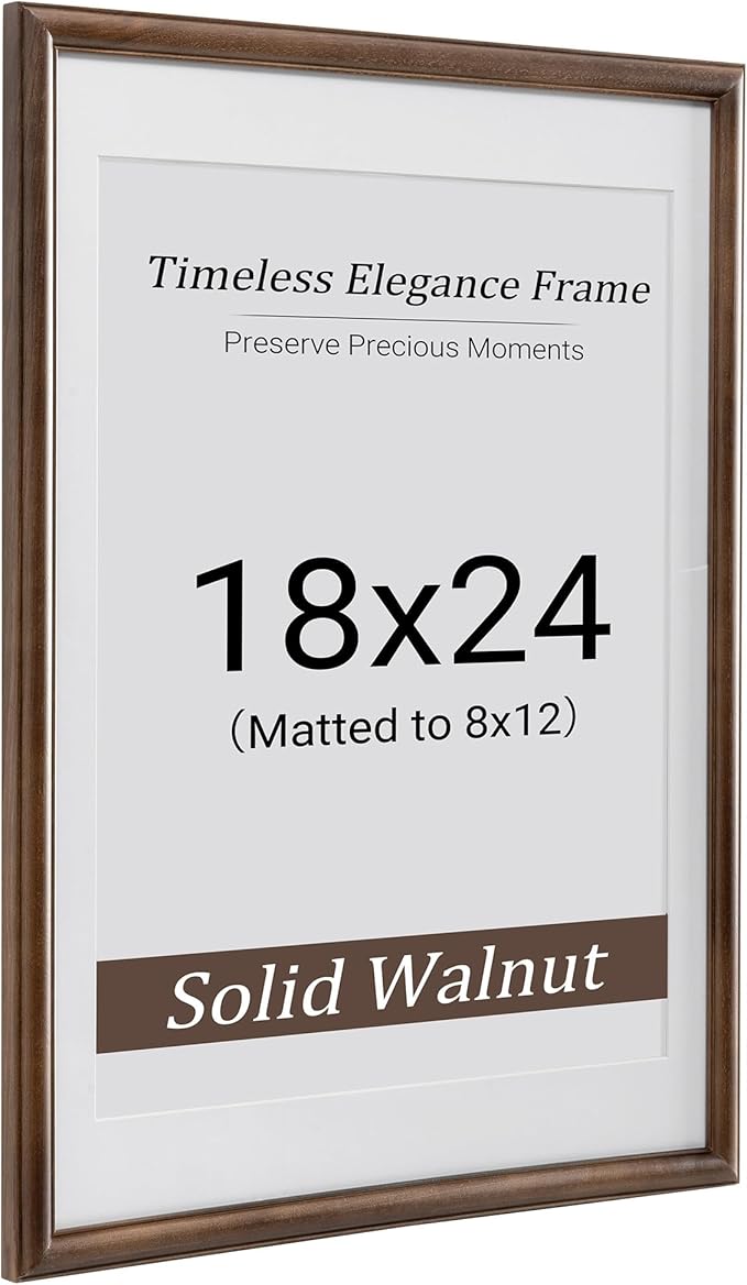 Heimlove 18x24 Picture Frame,18 x 24 Natural Solid Walnut Wood Frame Matted to 16x20 with Tempered Glass,18"x24" Handcrafted wood Poster Frame,Vertical or Horizontal Wall Hanging Display,1 Pack