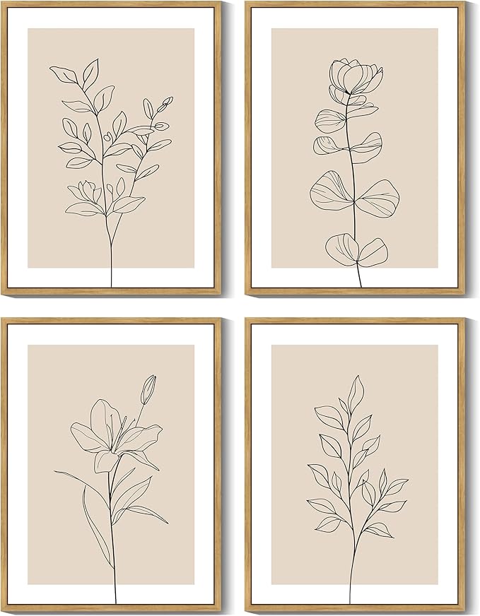 Drsoum Botanical Boho Framed Wall Art Wooded Minimalist Aesthetic Flower Prints Farmhouse Retro Plants Rustic Bathroom Kitchen Home Decor Ready to Hang 11x14inx4pcs (Natural Framed)
