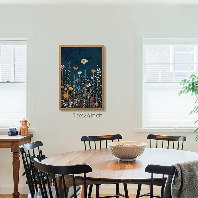 CAZLOUC Vintage Wildflower Wall Art, Colorful Botanical Flower Wall Decor, Rustic Dark Blue Floral Canvas Painting, Classic Minimalist Poster Print for Bedroom Office Wood Framed 12x16 Inch