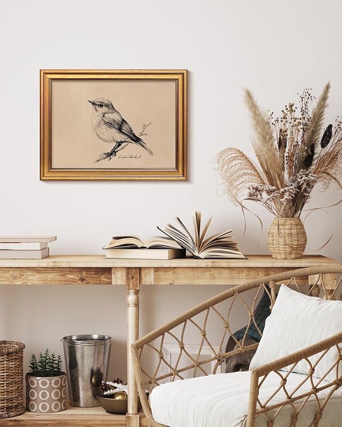 Bzstyleart Vintage Wall Art Decor for Living Room,New York State Bird Canvas Prints,Modern Gold Framed Wall Art Home Decor,Sketch Painting Picture for Bedroom Kitchen Bathroom,12L x 16W