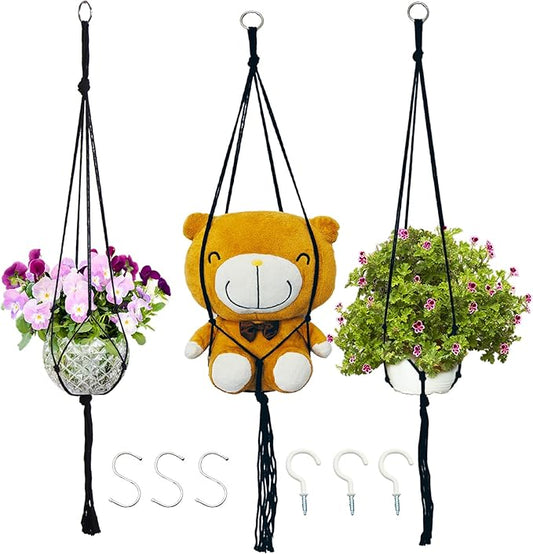 Macrame Plant Hangers Planter Flower Pots Holder 3 Pack Basket Stand Tassels with 6 Hooks Kit Cotton Rope for Decorative Indoor Outdoor Patio Garden Boho Home Décor (POTS NOT Included) (BLACK)
