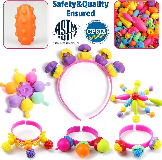 FUNZBO 850pcs Pop Beads - Jewelry Making Kit for 3 4 5 6 7 8 Year Old Little Girls, Arts and Crafts Toys for Kids, Necklace Bracelet Ring Hairband Creativity Snap Set Holidays Christmas Birthday Gifts