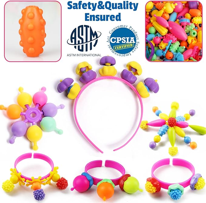 FUNZBO 520+ Snap Pop Beads - Jewelry Making Kit for Kids, Arts and Crafts for Kids Ages 4-8, Toys for 3 4 5 6 Years Old Girls Christmas Birthday Gifts Ideas, Bracelet Necklace Ring Snap Set for Girls