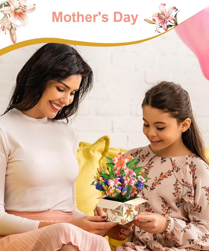 Magic Ants Flower Paper Pop Up Cards - Sunflower+Tulip+Lily- Mother's Day, Birthday, Thank You Greeting Card for Mom - 3D Popup Flower Bouquet Design - Includes Envelop