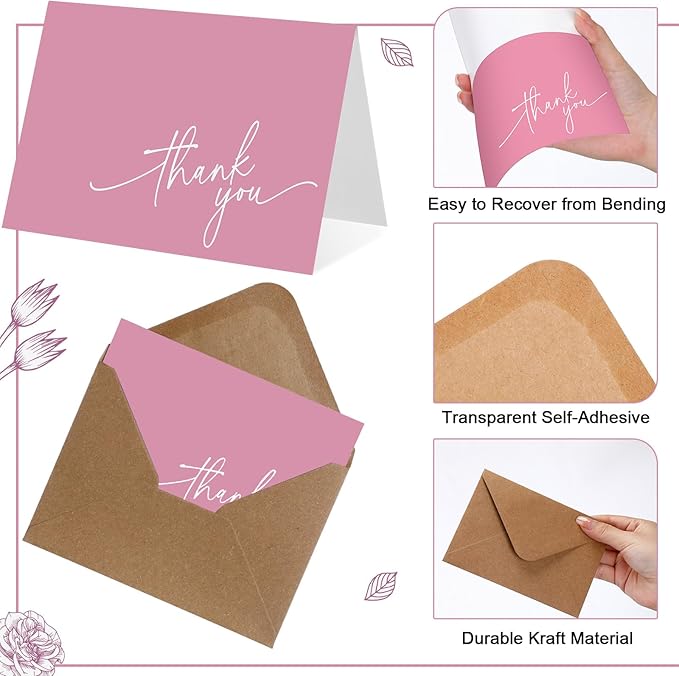 Gueevin 200 Pcs Thank You Cards with Kraft Envelopes and Stickers Bulk, 3.5 x 5 Inch Classy Blank Thank You Notes for Wedding, Business, Graduation, Baby Shower, Bridal Shower, Funeral(Pink)