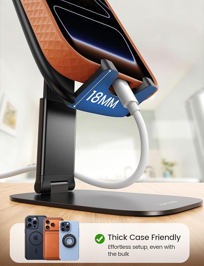 Lamicall Ultra-Thin Cell Phone Stand for Desk - [Height Adjustable] Foldable Desktop Phone Holder, Portable Mobile Stand, Office Desk Accessories for iPhone 17 16 15 14 13 Pro Max Air, Galaxy S25, S24
