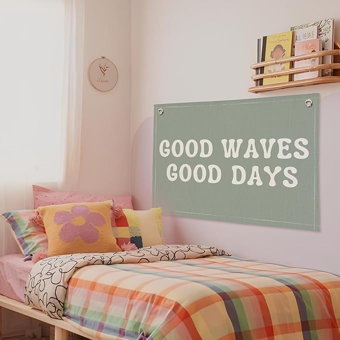 Surf Nursery Decor, Ocean Wave Coastal Beach Linen Canvas Banner, Good Waves Good Days Summer Wall Hanging Flag Decor for Toddler Boys Girls Room Playroom