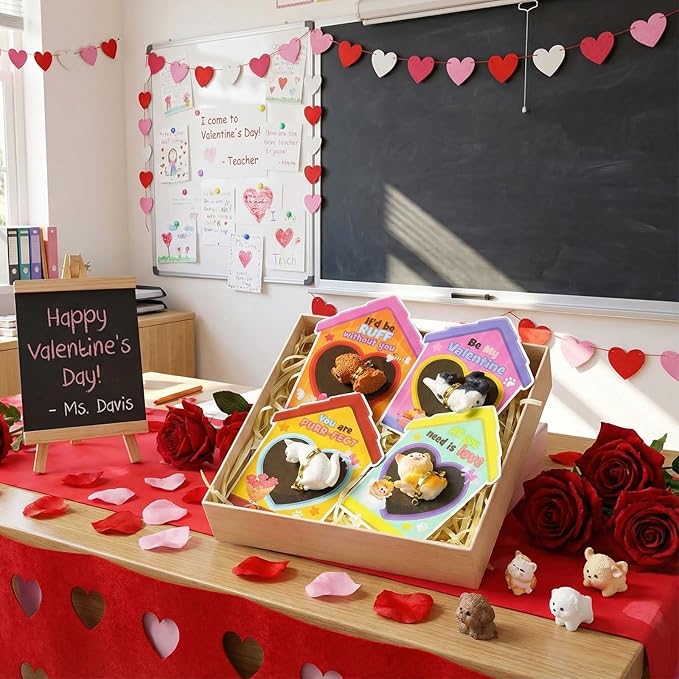 Zhanmai 48 Pcs Dog Valentine's Day Gifts Card and Dog Cat Resin Figurines Miniature Puppy Heart Greeting Card for Valentine Party Favors Exchange Prizes Gifts (Novel)