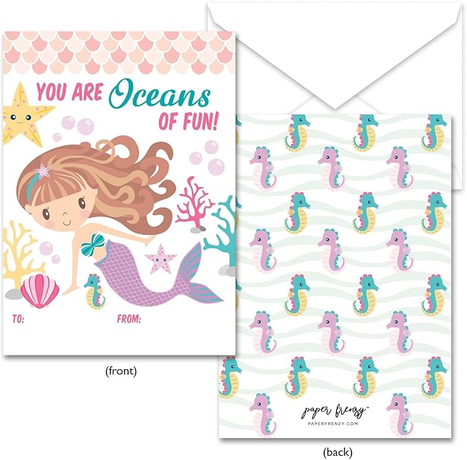Paper Frenzy Mermaid Themed Valentine Cards WITH ENVELOPES - 25 Pack