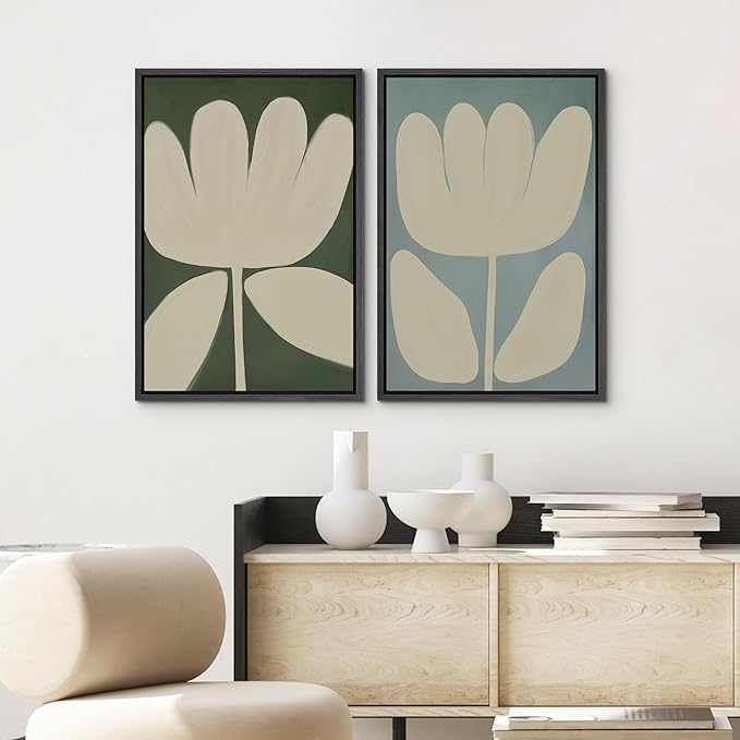 SIGNWIN Framed Canvas Print Wall Art Set Minimalist Floral Neutral Beige Flower Illustrations Modern Art Minimal Boho Colorful for Living Room, Bedroom, Office - 24"x36"x2 BLACK