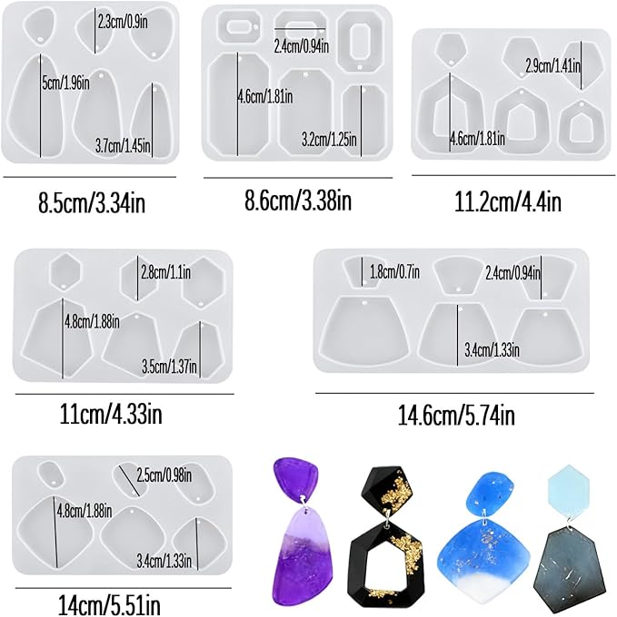 6Pcs Earring Resin Silicone Molds with 40 Earring Hooks, Epoxy Resin Jewelry Molds Silicone Set for Casting Irregular Shape Mold for Earrings Pendant Necklace Bracelet Keychain (6 Pcs-Medium)