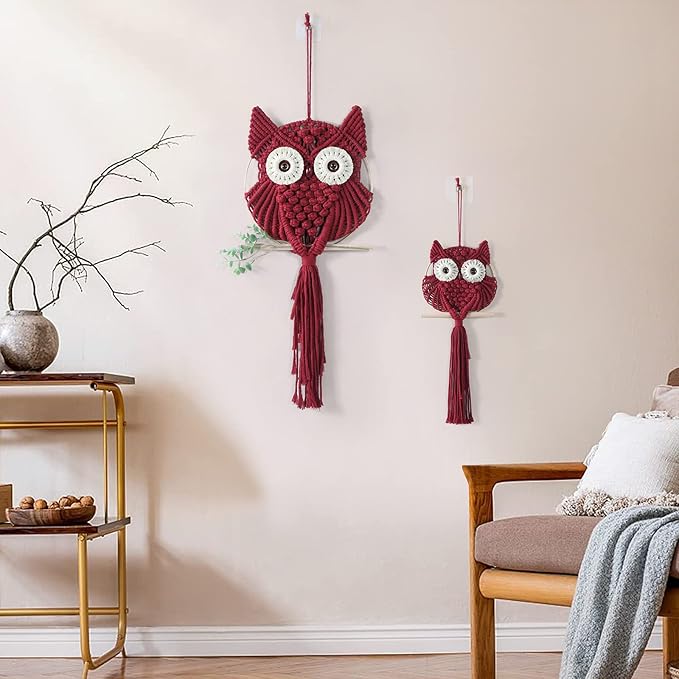 MVSUTA Owl Burgundy Cotton Handmade Macrame Wall Hanging Tapestry Home Decor Art and Red Craft Wonderful Decoration Woven Boho Ornament for Office Bedroom Apartment Living Nursery Gallery,2pcs set:1pc