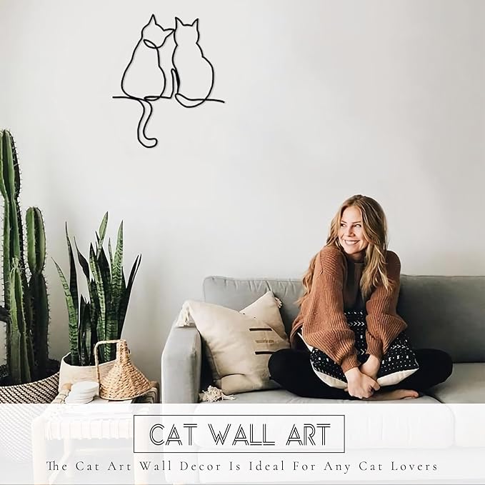TYLCC Black Metal Cat Wall Decor Minimalist Abstract Cat Wall Art Line Drawing Art for Living Room Bedroom Decorations (Companionship)