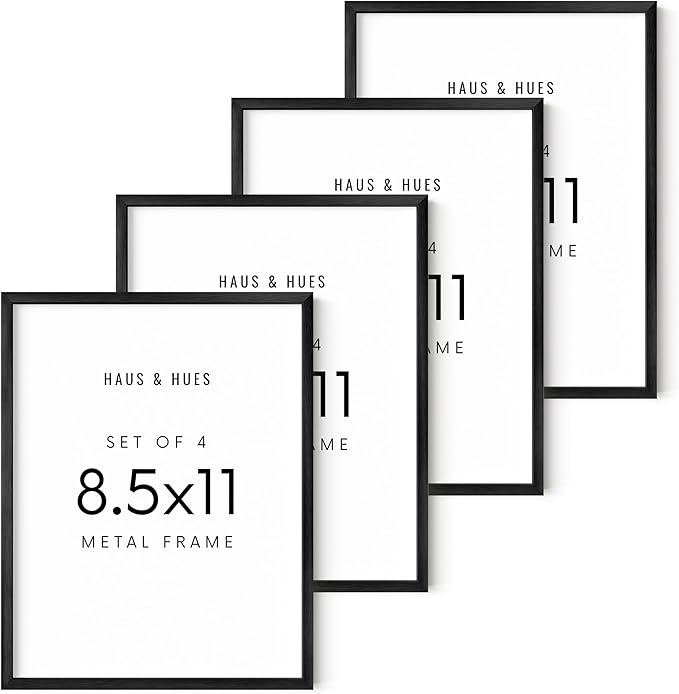 HAUS AND HUES 8.5x11 Black Metal Picture Frames - Features Premium Aluminum, Vertical & Horizontal Hang, Shatterproof Plexiglass - Perfect for Home, Room, Office (8.5x11 in, Black, Set of 4)