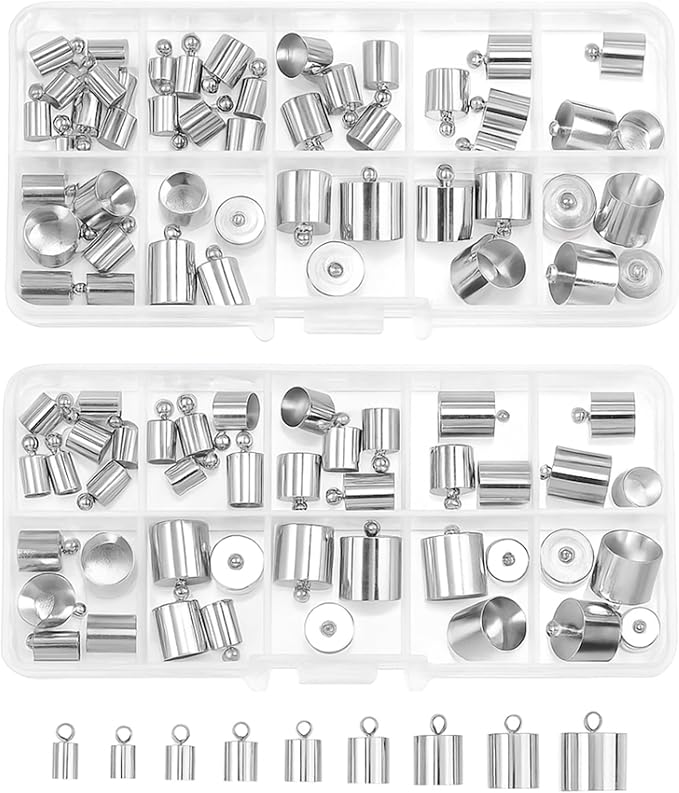 Mandala Crafts Silver Tone Leather Cord End Caps for Jewelry Making, Tassel Caps, 4mm to 12mm 160 PCs Cylinder Cord Ends, Kumihimo Supplies and Jewelry Findings