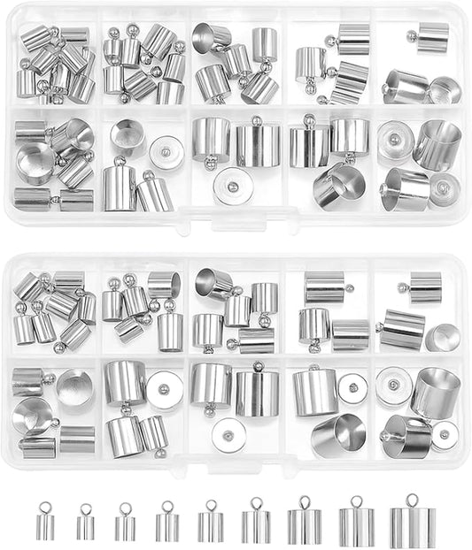 Mandala Crafts Silver Tone Leather Cord End Caps for Jewelry Making, Tassel Caps, 4mm to 12mm 160 PCs Cylinder Cord Ends, Kumihimo Supplies and Jewelry Findings
