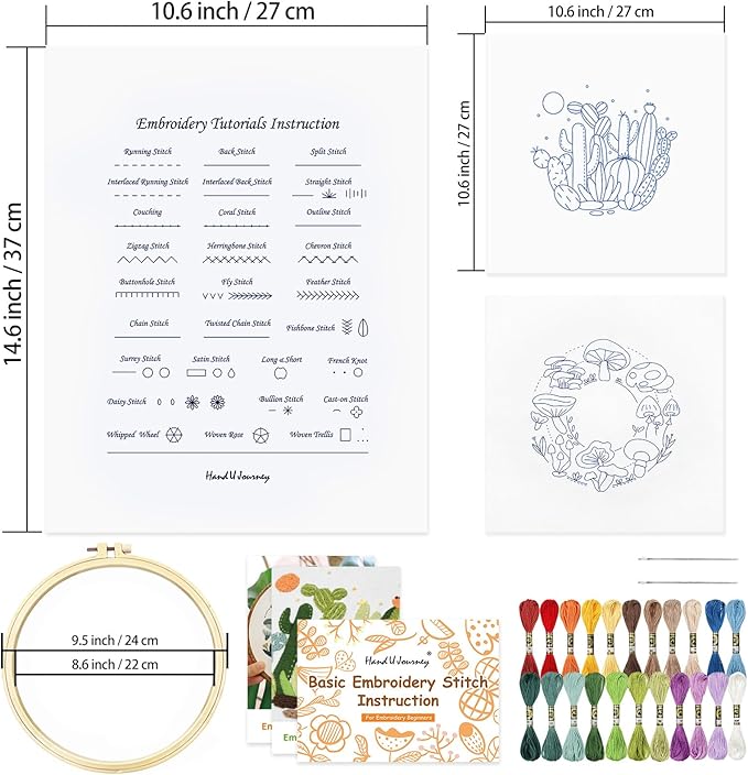 HAND U JOURNEY Basic Embroidery Stitch Kit – 28 Stitch Techniques with Mushroom Embroidery Set, Beginner-Friendly DIY Craft Kit for Adults
