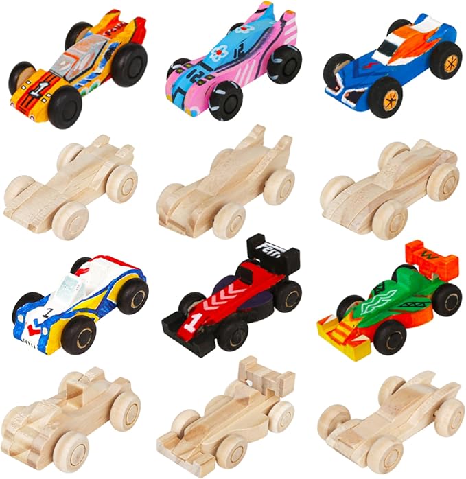 12 Pieces Unfinished Wooden Cars, Wood DIY Cars Arts and Crafts Kit for Students Home Activities Easy Woodworking and Family Time (Paints and Brushes not Included)