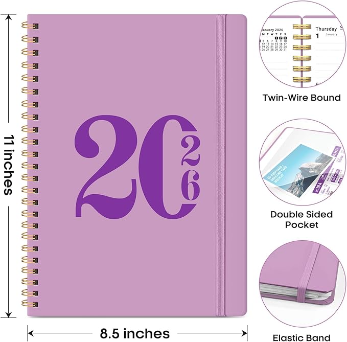 2026 Planner, Monthly and Weekly Calendar Planner for Women, Jan 2026 - Dec 2026, Hardcover Pretty 2026 Agenda Planner Book with Tabs, Spiral Bound, Perfect for School Office Home Supplies, 8.5" x 11" - Boho Purple
