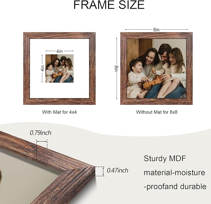 8x8 Picture Frame Set of 9, Photo Gallery Wall Frame Set, Display Pictures 4x4 with Mat or 8 x 8 Without Mat, Square Frame Picture Frames Collage Wall Decor, Rustic Brown