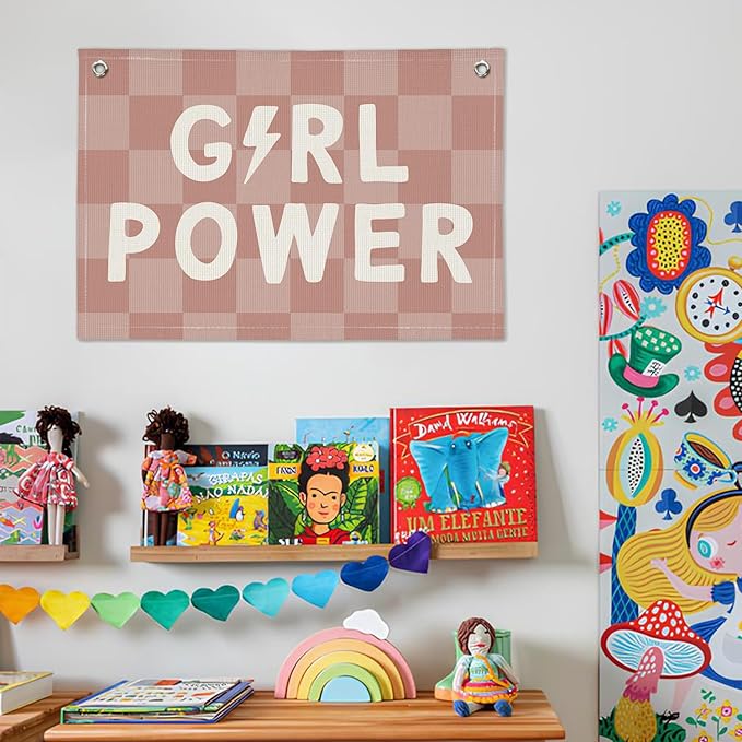Pink Girls Room Wall Decor Banner, Girl Power Linen Canvas Banner, Inspirational Wall Hanging Decor for Little Toddler Baby Girls Room Playroom