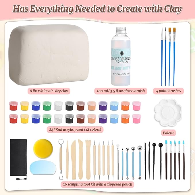 Natural Air-Dry Clay, 8 LBs Pottery Clay with 100ML Glaze Gloss Clay Varnish Protects and 27 PCS Pottery Tools Sculpting Tool Set, Air-Dry Clay Kit for Adults Beginner DIY Craft Gift