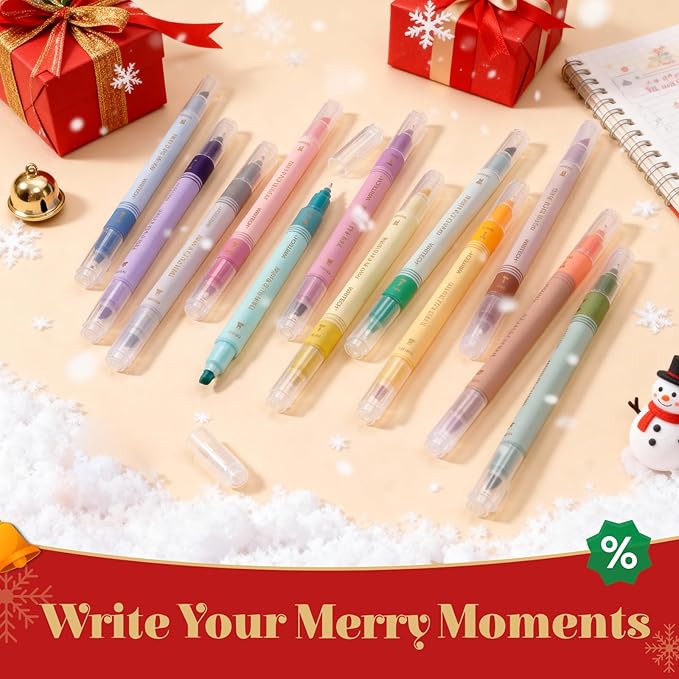 WRITECH Dual Tip Highlighter Markers: Aesthetic Fine & Chisel Tip Assorted Pastel Colors Marker Multicolor Pens Pack for Bible Highlighting Journaling Drawing 12ct.