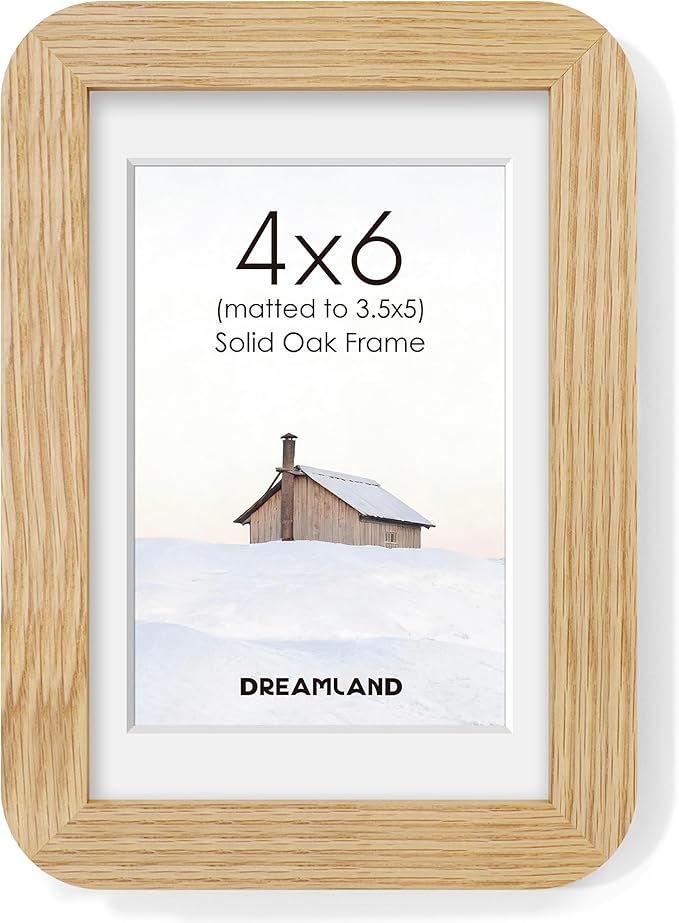 Dreamland 4x6 Picture Frame, Solid Oak Wood Photo Frame with Mat for 3.5x5, Round Corner 4 x 6 Matted Picture Frames with Resistant Plexiglass for Wall Mounting or Tabletop, Oak Color, Set of 1
