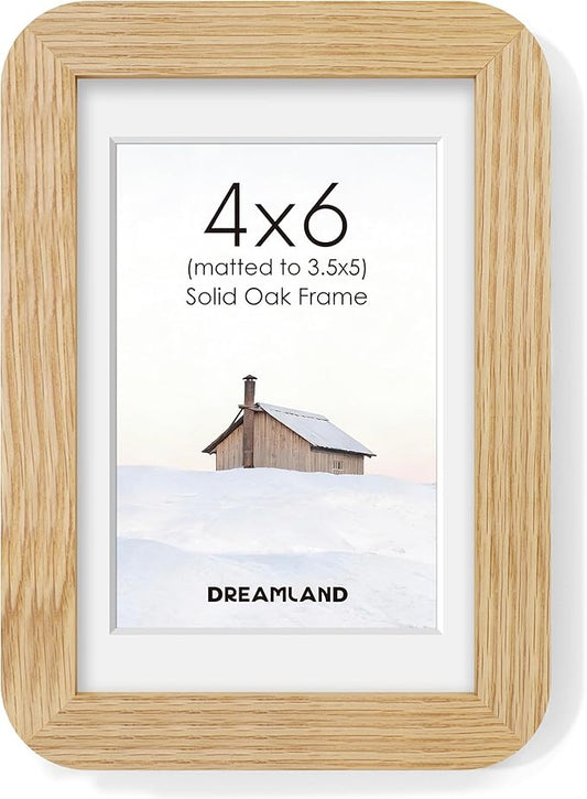 Dreamland 4x6 Picture Frame, Solid Oak Wood Photo Frame with Mat for 3.5x5, Round Corner 4 x 6 Matted Picture Frames with Resistant Plexiglass for Wall Mounting or Tabletop, Oak Color, Set of 1