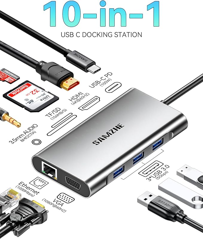 10-in-1 USB C Hub Multiport Adapter, USB C Docking Station with 4K HDMI, VGA 1080P, 100W PD, Ethernet, SD/TF, Audio, USB 3.0 Port, Laptop Dock for MacBook Pro/Air, iPad, Windows