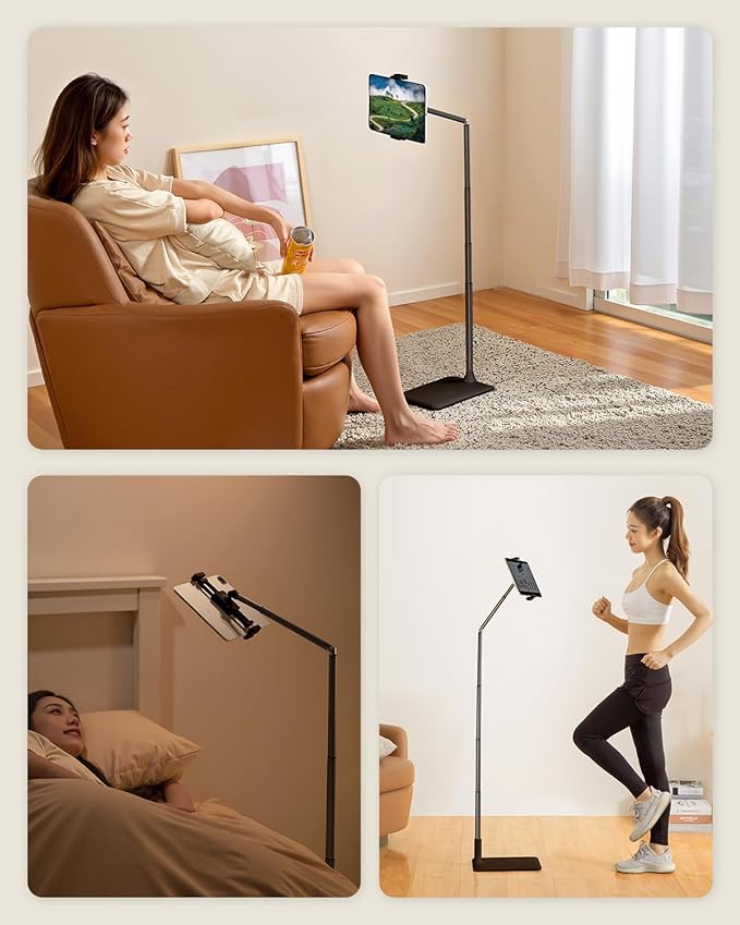 Tablet Floor Stand, Adjustable iPad Holder for Bed & Sofa - 360° Rotating Long Arm, Height Adjustable from 13.5" to 60.3", Sturdy Metal Base for iPad, Tablet, Phone (4-13 Inch), Black