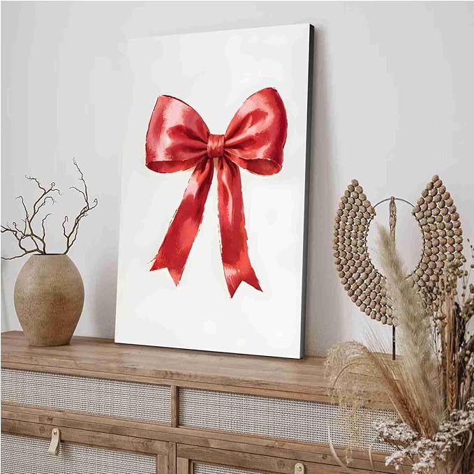 Canvas Wall Art Vintage Red Christmas Bow Wall Art Winter Home Decor Red Bow Print Holiday Christmas Decor 24x36in-UnFramed