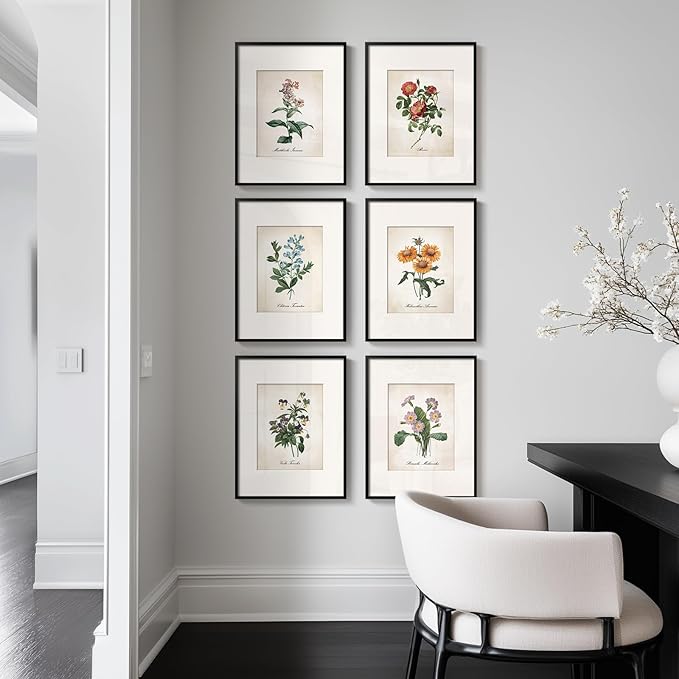 Framed Botanical Floral Wall Art, Set of 6 Vintage Wildflower Prints with Mat, Rustic Farmhouse Nature Flowers Artwork for Bedroom Living Room Hallway Dining Room Modern Neutral Home Decor, 11x14 In