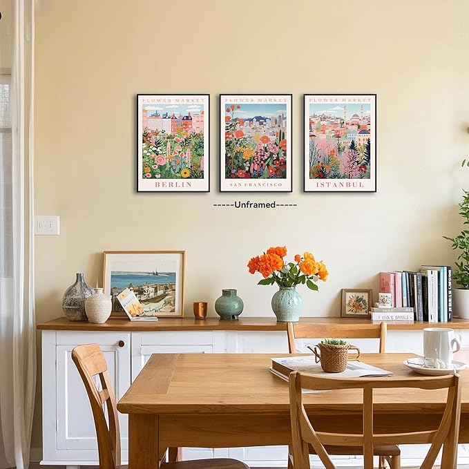 XLARTMY Flower Market Wall Art Prints Canvas Orange and Pink Floral Paintings Colorful Botanical Travel Flower Posters for Home Decor Pictures Set of 3 for Living Room Bedroom 12x16in Unframed